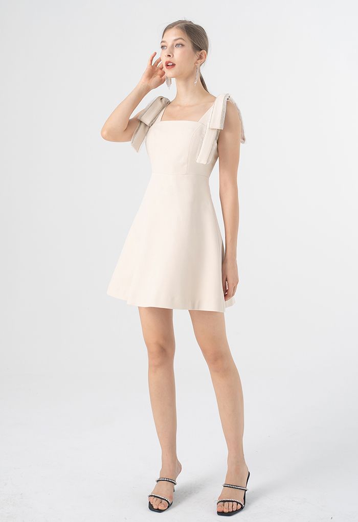 Bowknot Shoulder Crystal Edge Mini Dress in Cream