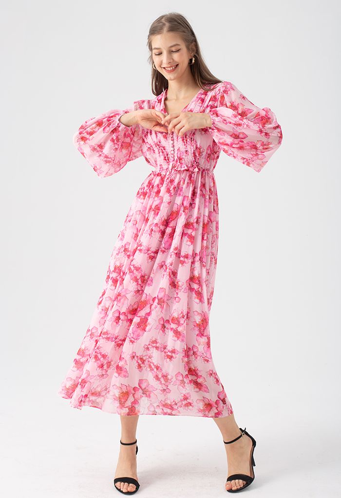 Delicate Floral Shirred Maxi Dress in Hot Pink