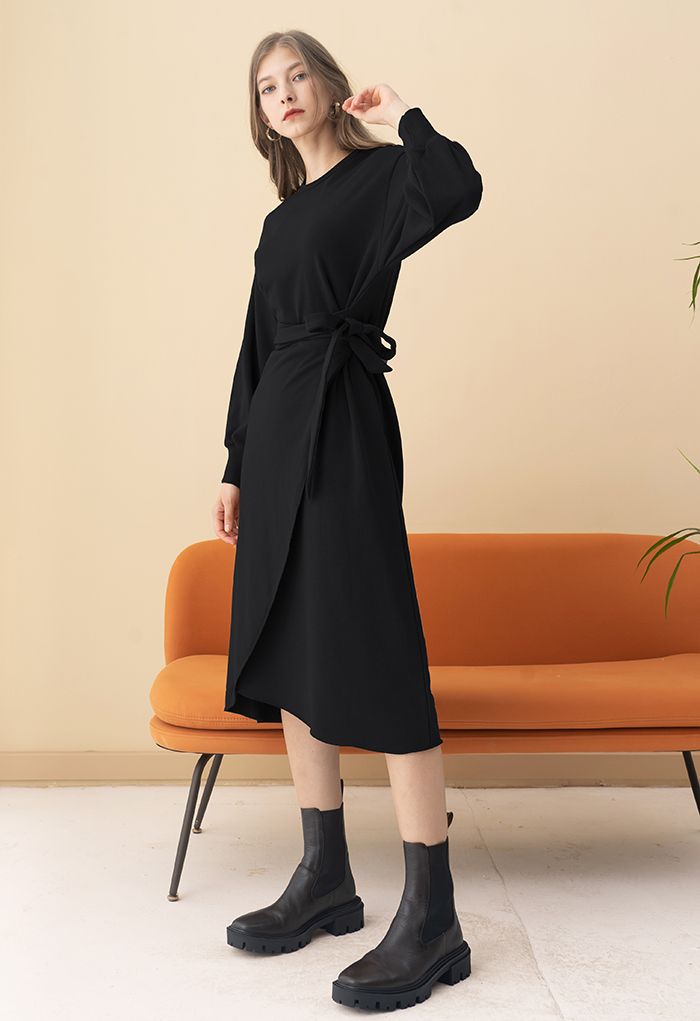 Self-Tie Flap Front Midi Dress in Black