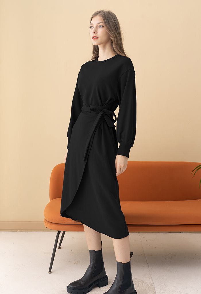 Self-Tie Flap Front Midi Dress in Black