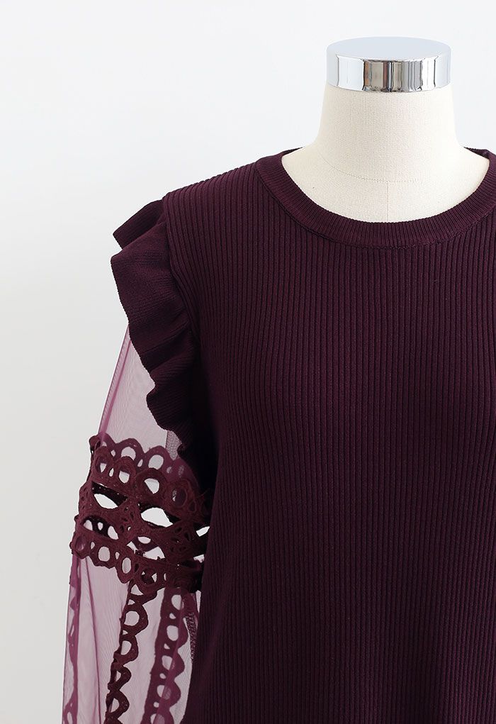 Lace-Adorned Mesh Sleeve Knit Top in Wine