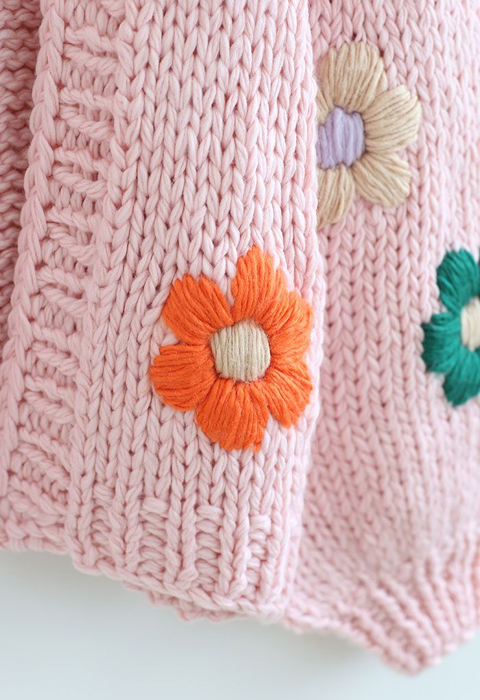 Stitch Flowers Hand-Knit Chunky Cardigan in Pink