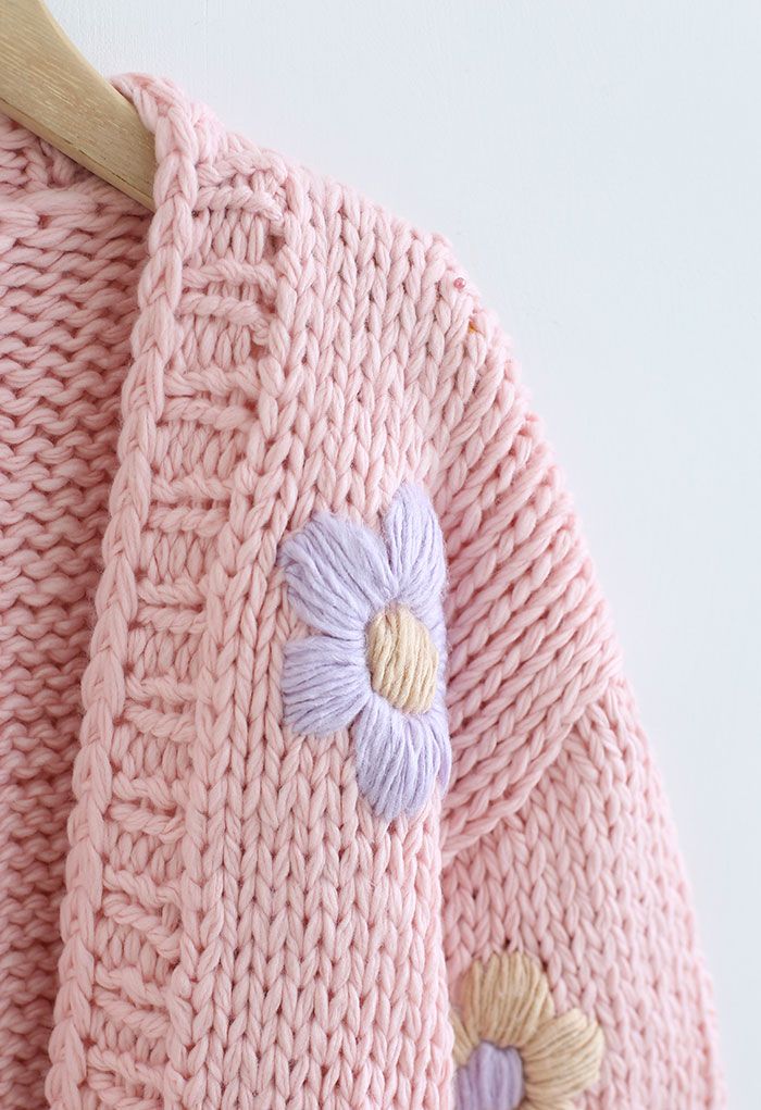 Stitch Flowers Hand-Knit Chunky Cardigan in Pink