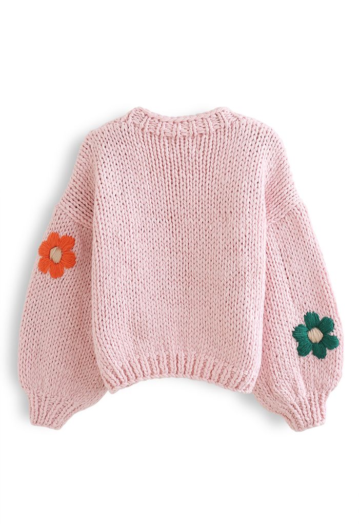 Stitch Flowers Hand-Knit Chunky Cardigan in Pink