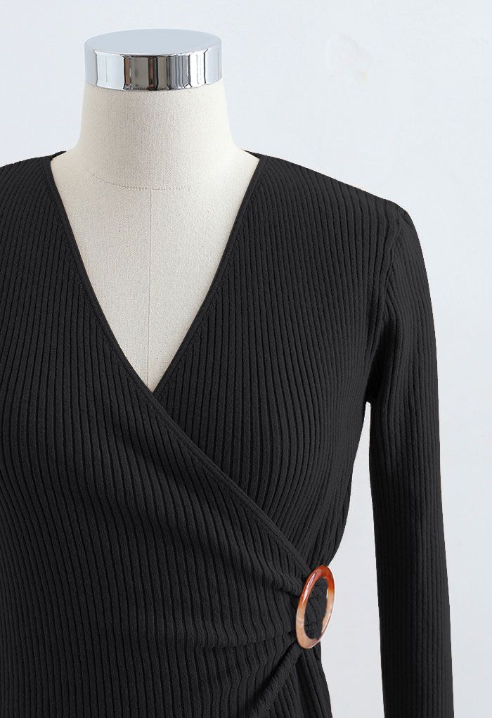 O-Ring Rib Knit Wrap Top in Black