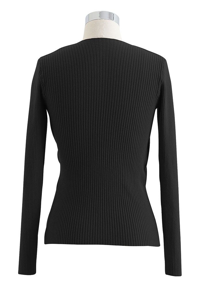 O-Ring Rib Knit Wrap Top in Black