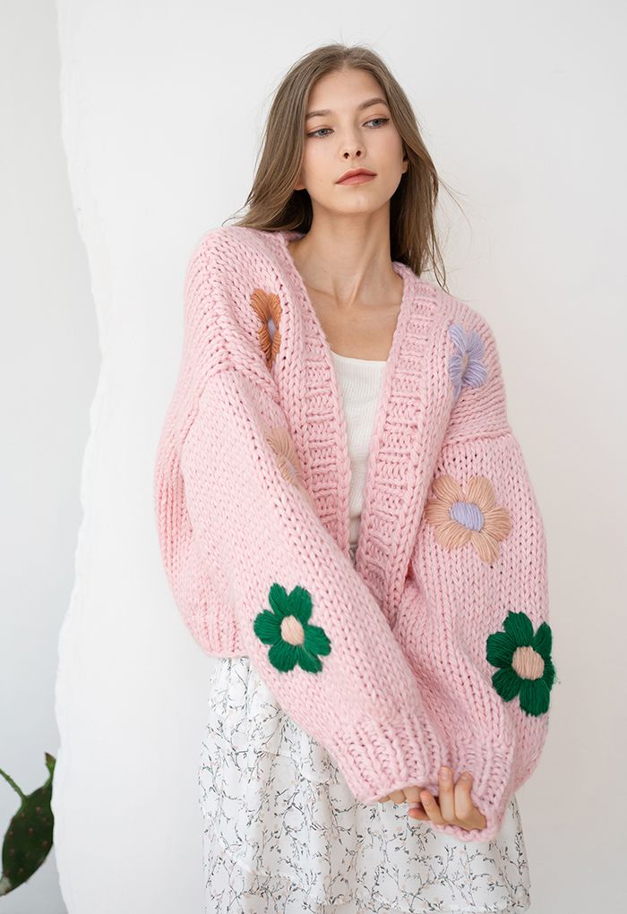 Stitch Flowers Hand-Knit Chunky Cardigan in Pink