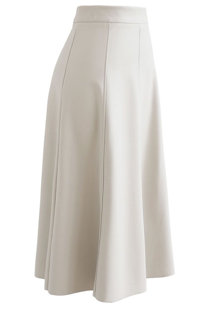 Soft Faux Leather Seamed A-Line Skirt in Ivory