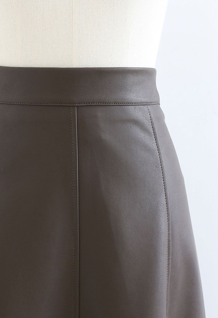 Soft Faux Leather Seamed A-Line Skirt in Taupe