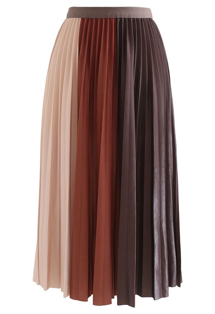 Pleated Sheen Color Block Midi Skirt in Caramel