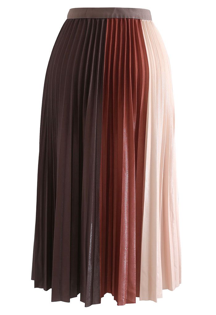 Pleated Sheen Color Block Midi Skirt in Caramel