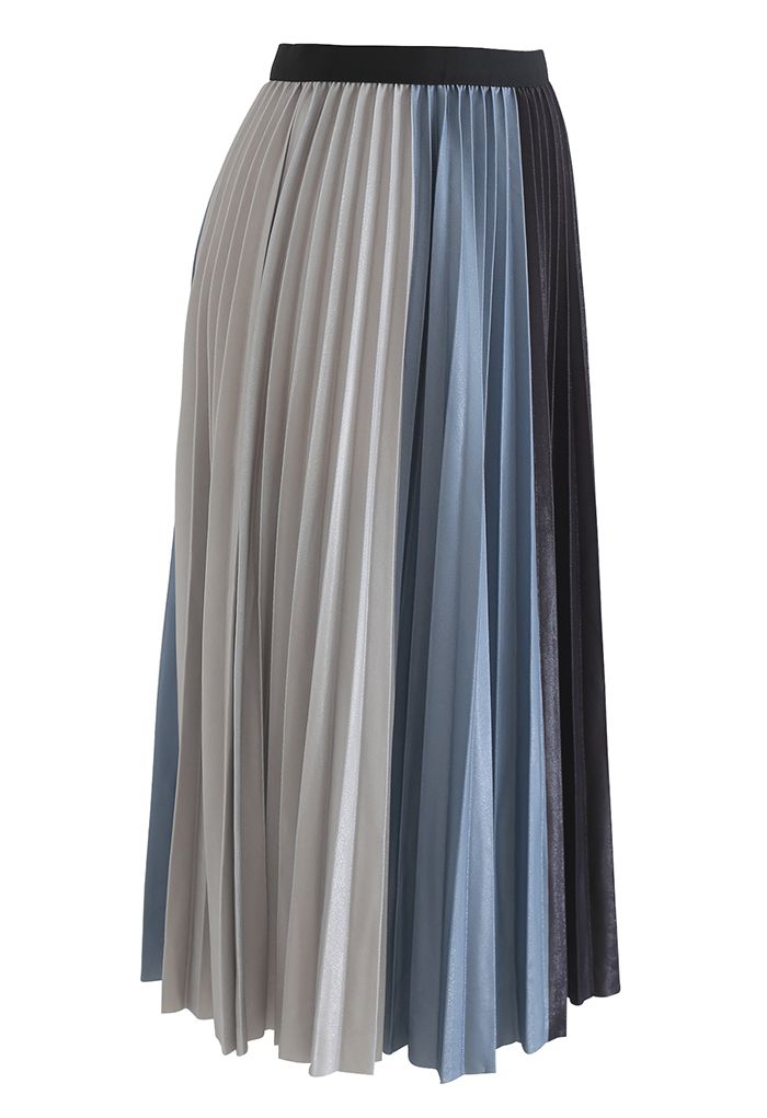 Pleated Sheen Color Block Midi Skirt in Blue