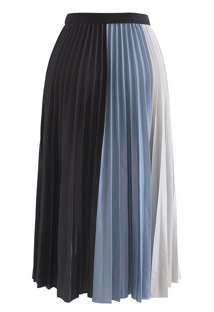 Pleated Sheen Color Block Midi Skirt in Blue