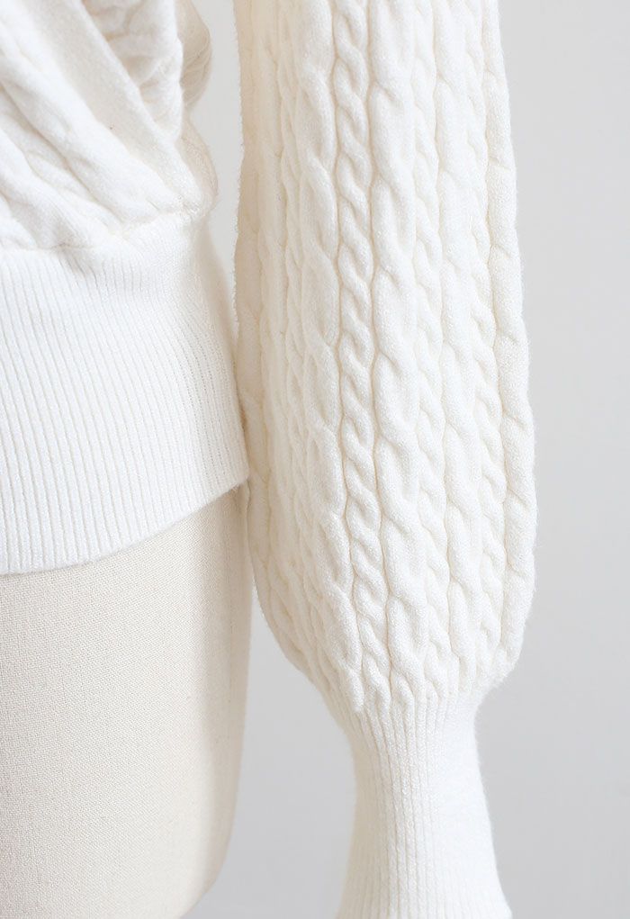 Cable Knit Wrap Front Crop Sweater in Cream