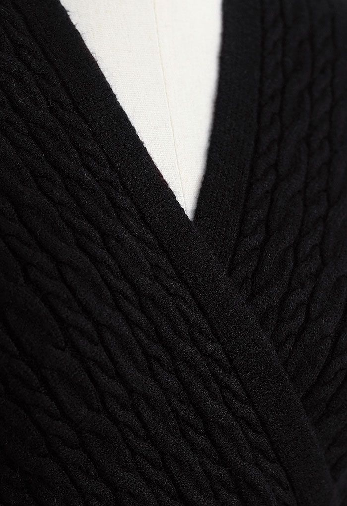 Cable Knit Wrap Front Crop Sweater in Black