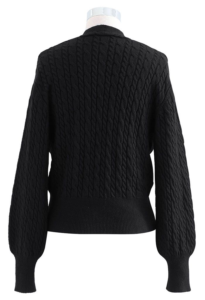 Cable Knit Wrap Front Crop Sweater in Black