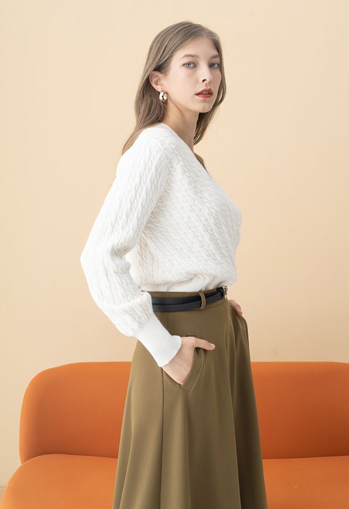 Cable Knit Wrap Front Crop Sweater in Cream