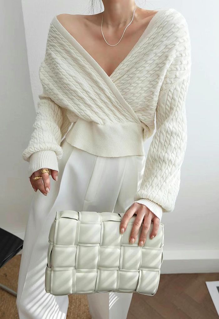 Cable Knit Wrap Front Crop Sweater in Cream