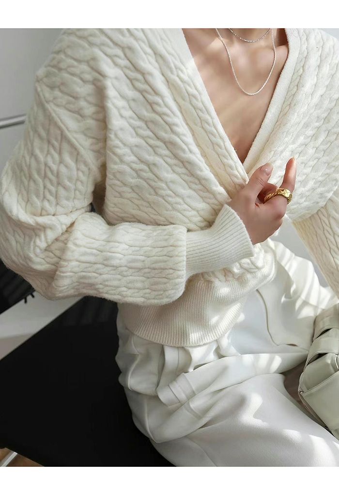 Cable Knit Wrap Front Crop Sweater in Cream