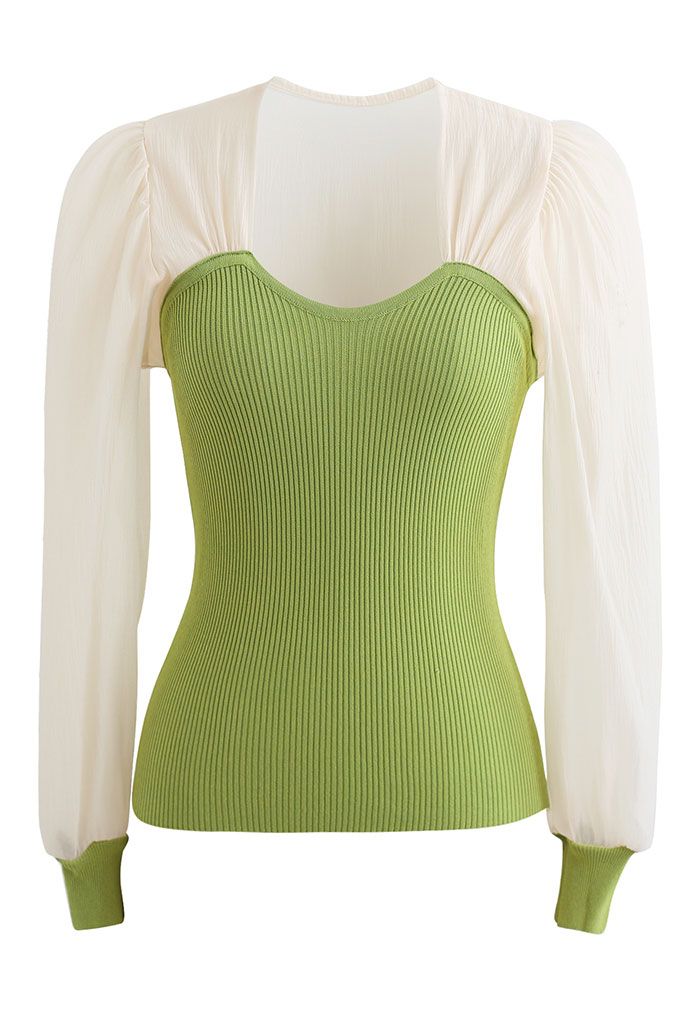 Spliced Bubble Sleeve Knit Top in Green