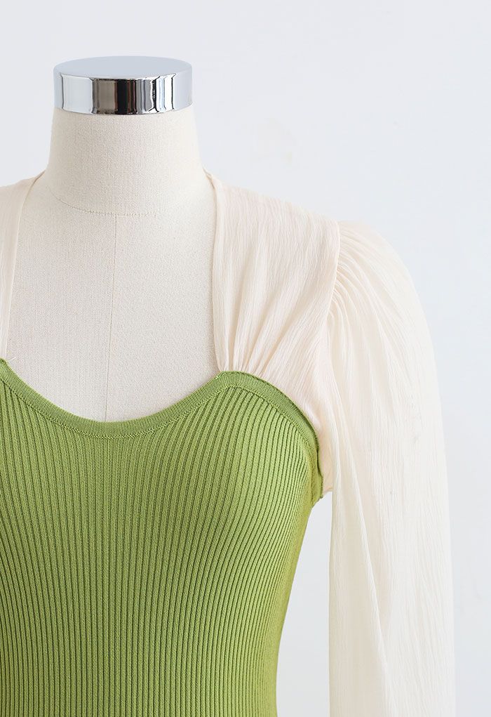 Spliced Bubble Sleeve Knit Top in Green