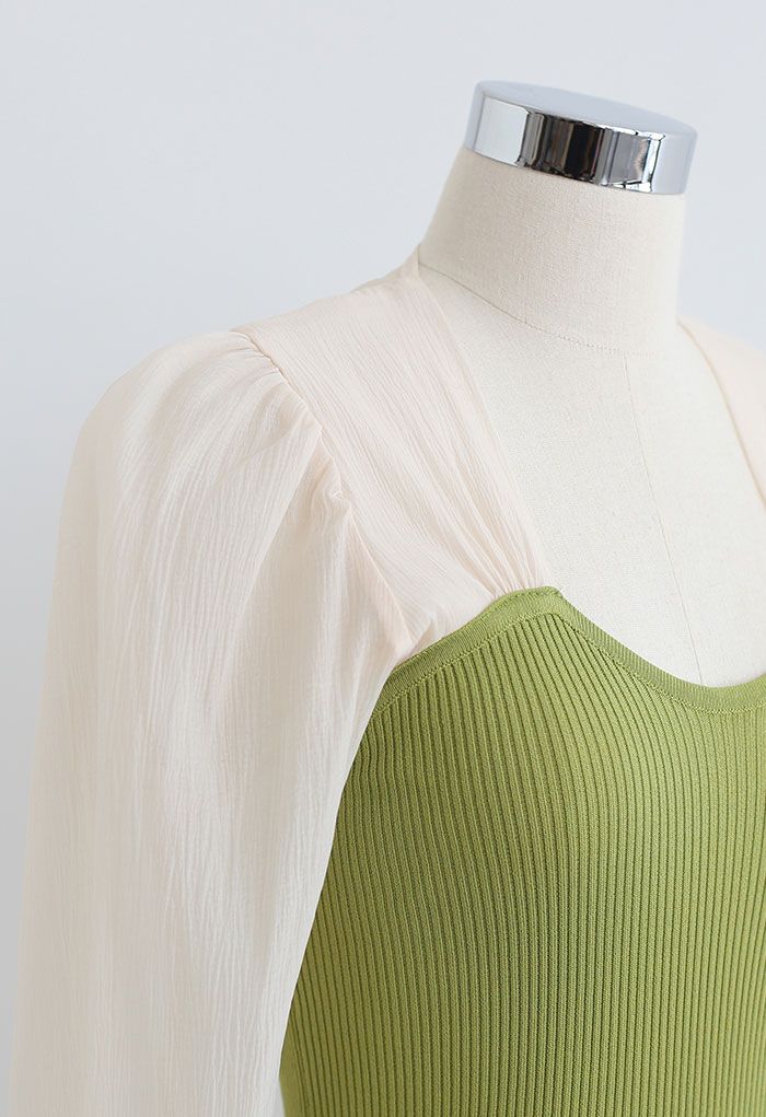 Spliced Bubble Sleeve Knit Top in Green