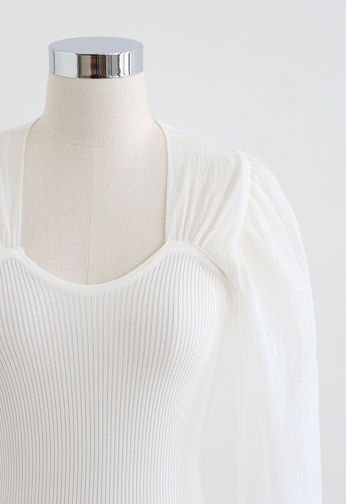 Spliced Bubble Sleeve Knit Top in White