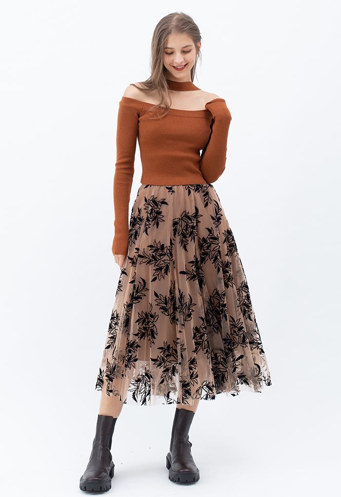 3D Leaf Double-Layered Mesh Tulle Midi Skirt in Caramel