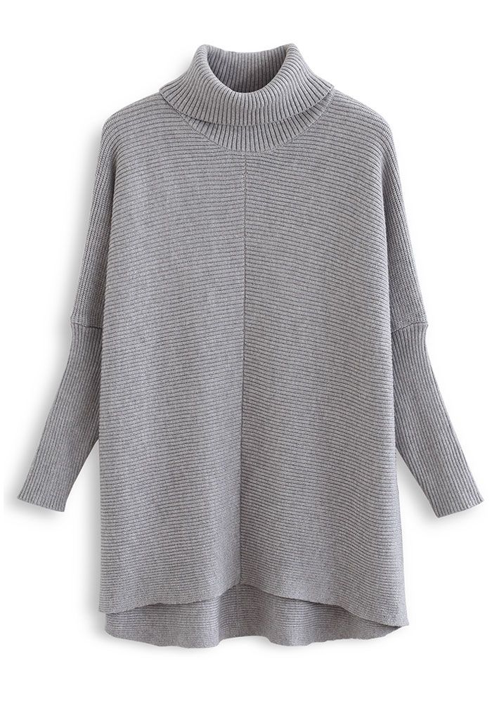 Effortless Chic Turtleneck Batwing Sleeve Hi-Lo Sweater in Grey