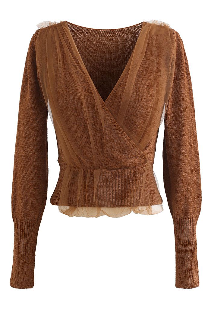 Mesh Overlay Long Sleeve Wrap Crop Knit Top in Caramel