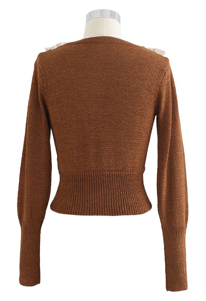 Mesh Overlay Long Sleeve Wrap Crop Knit Top in Caramel