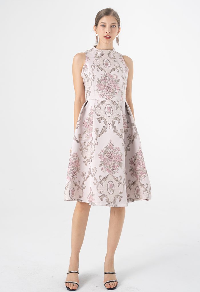 Splendid Peony Baroque Jacquard Sleeveless Dress in Pink