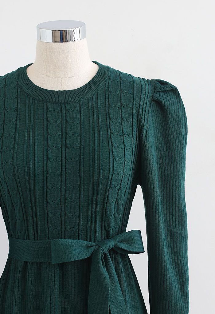 Braid Knit Gigot Sleeve Midi Dress in Dark Green