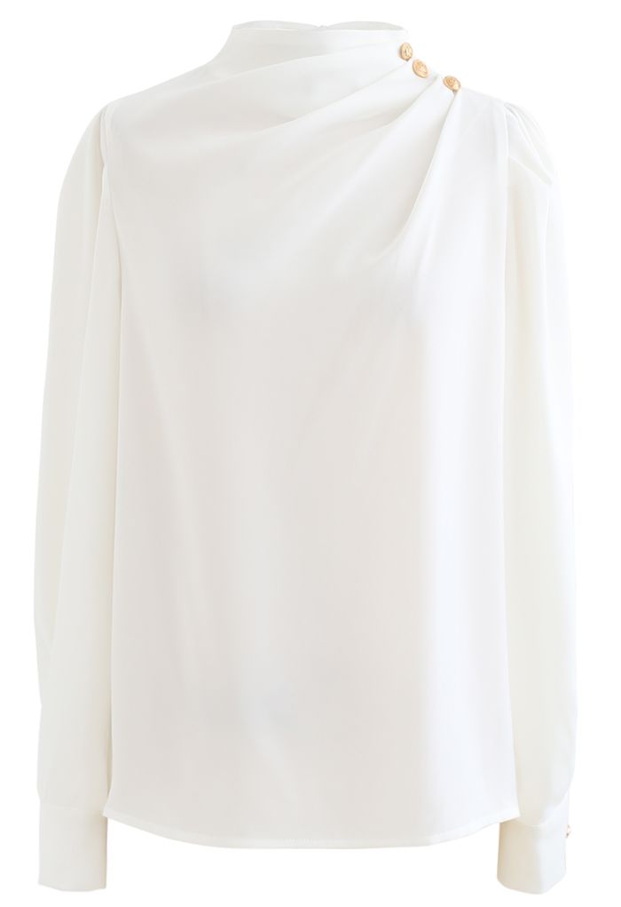 Buttoned Ruched Neck Satin Top in White