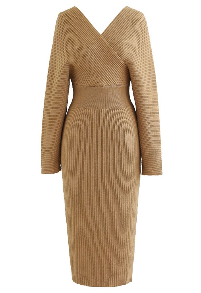 Long Sleeve Wrapped Bodycon Knit Midi Dress in Tan