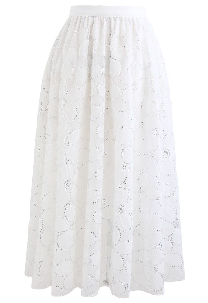 Floral  Sequin Double-Layered Mesh Skirt in White