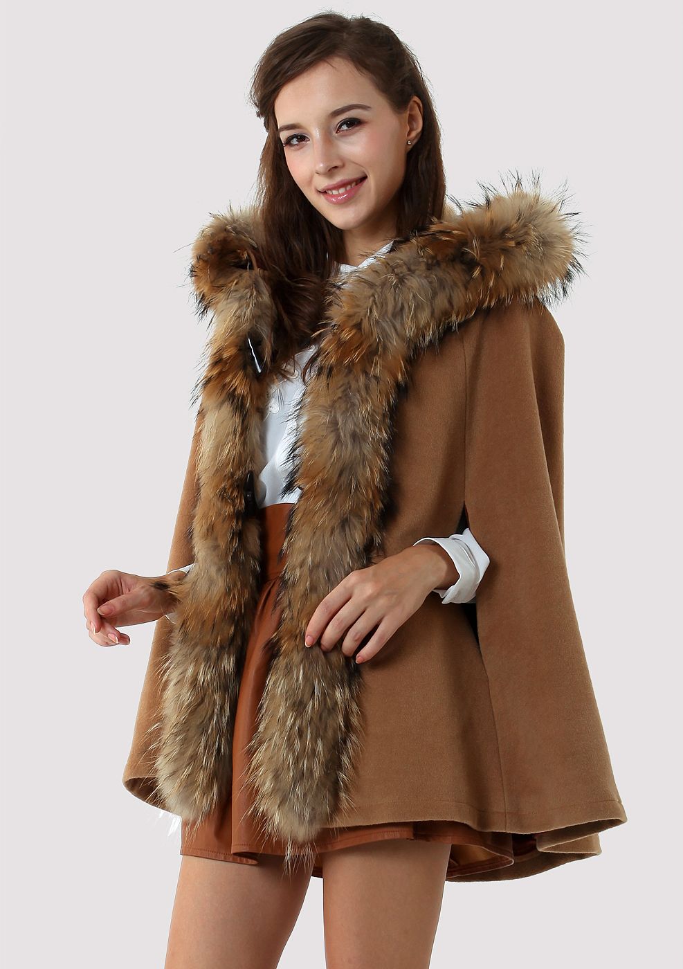 Luxury Khaki Detachable Fur Hooded Cape