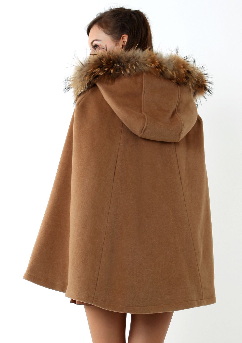 Luxury Khaki Detachable Fur Hooded Cape