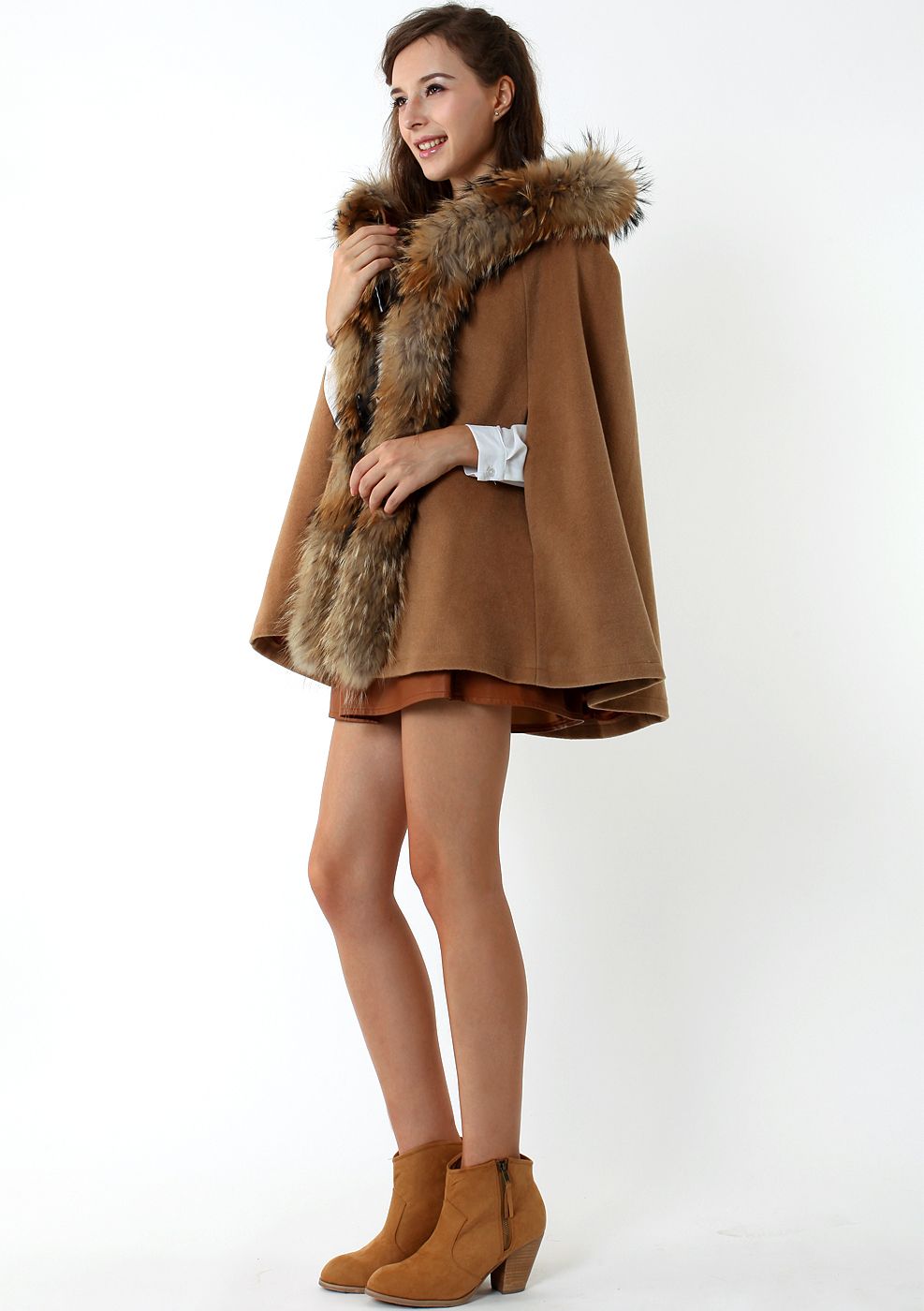 Luxury Khaki Detachable Fur Hooded Cape