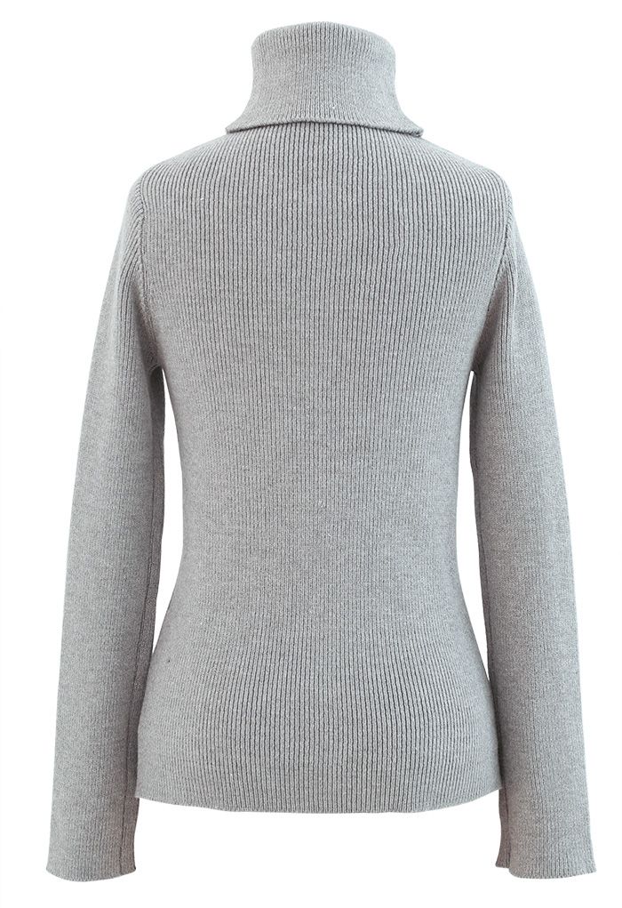 Grey Turtleneck Ribbed Knit Sweater