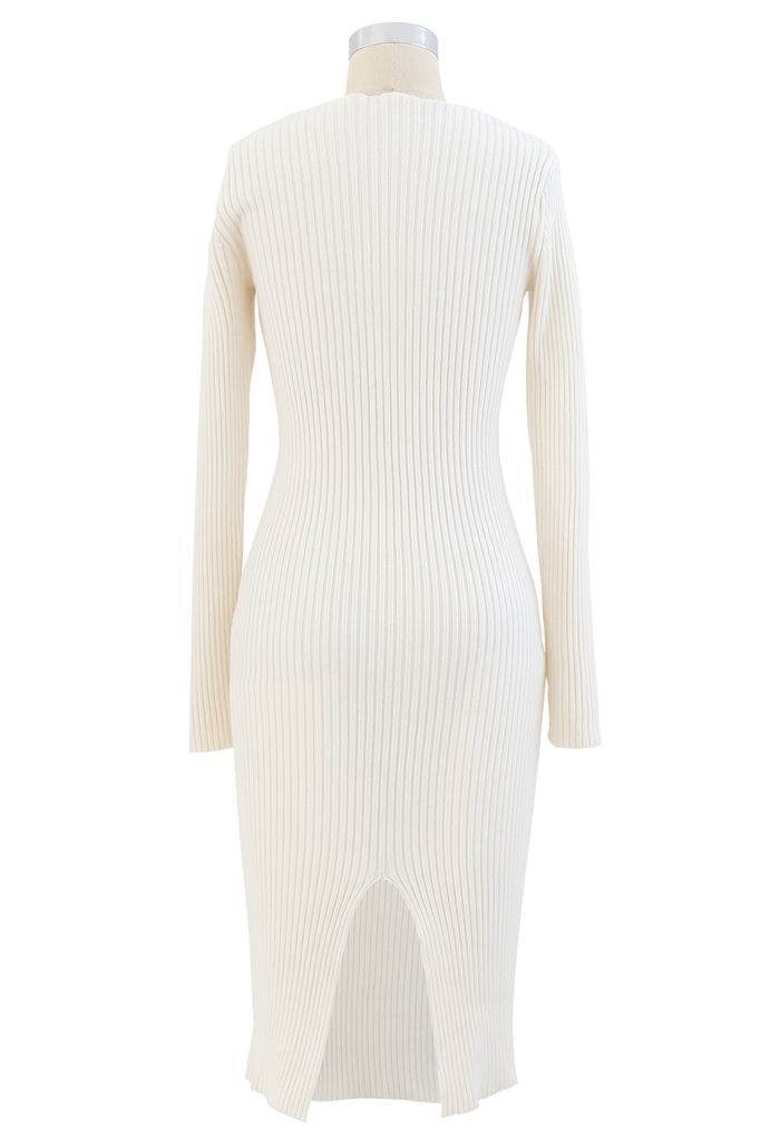 Surplice Wrap Front Ribbed Knit Dress in White