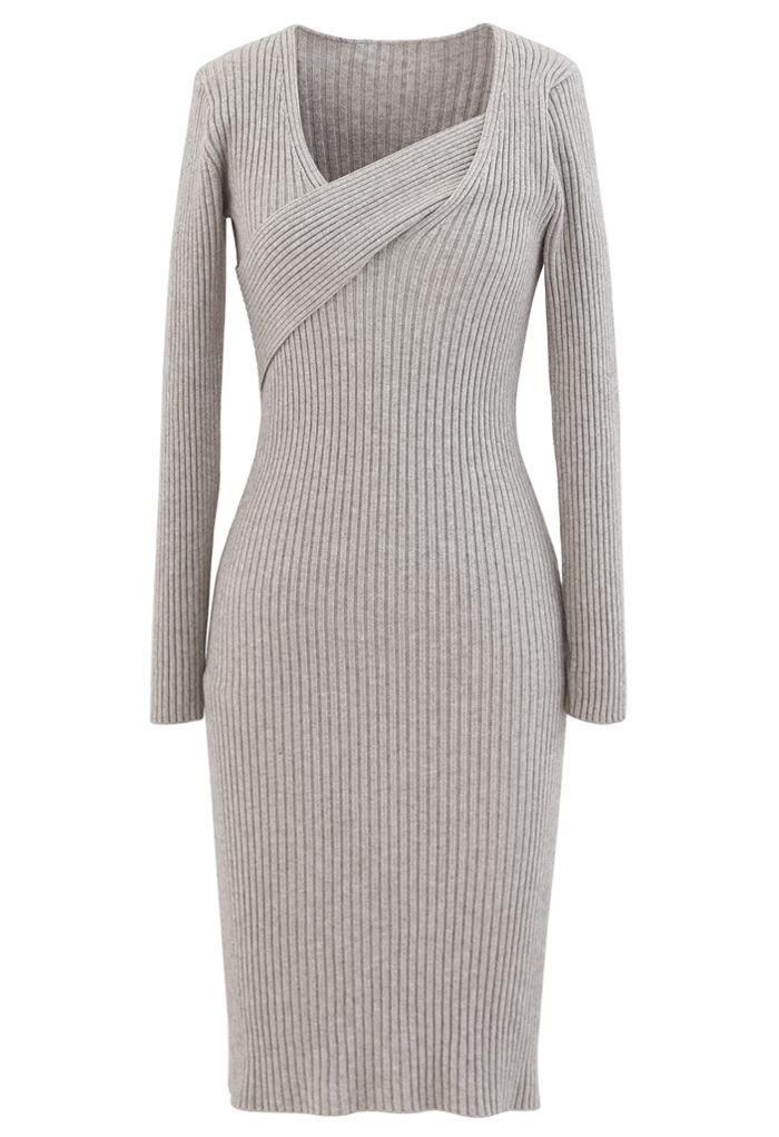 Surplice Wrap Front Ribbed Knit Dress in Linen