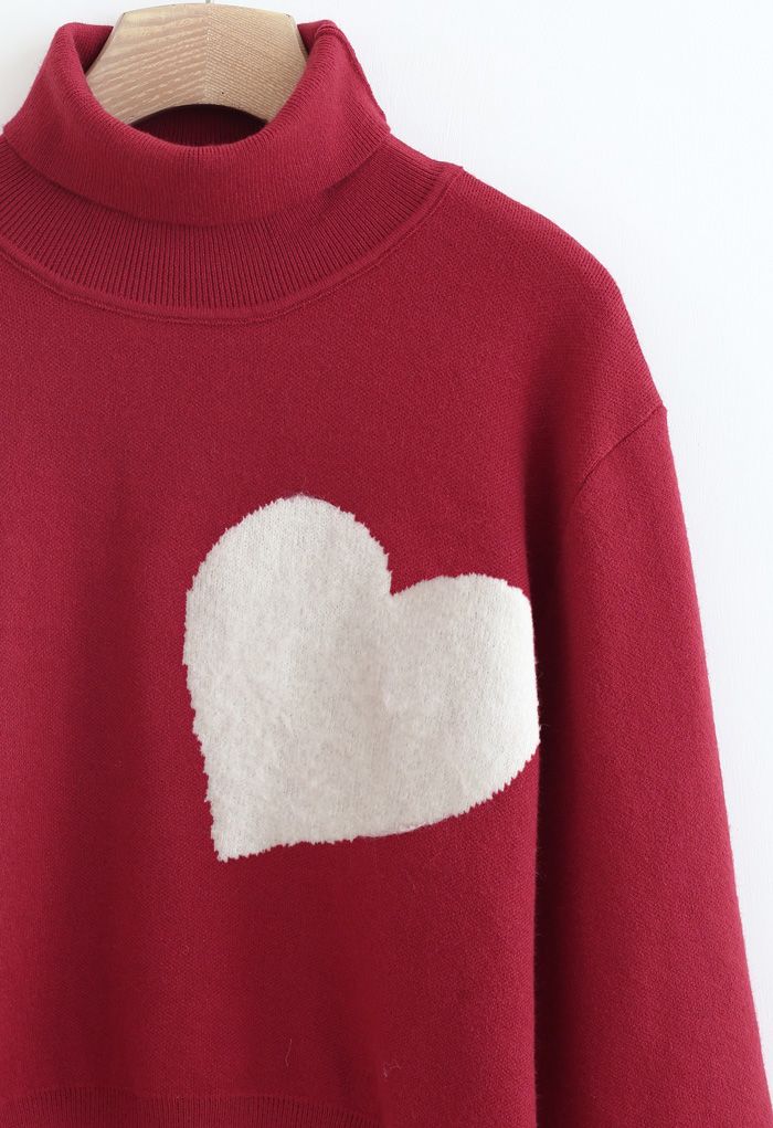 Embroidered Heart High Neck Knit Sweater in Red