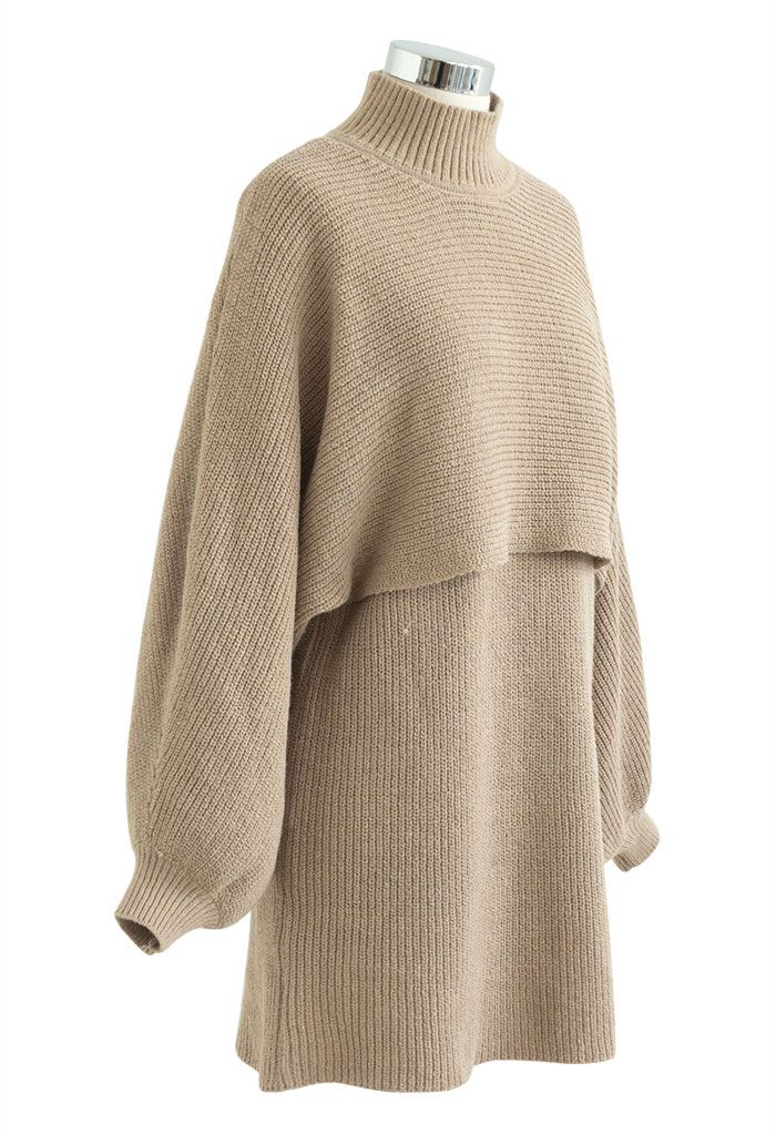 Mock Neck Crop Sweater and Sleeveless Knit Dress Set in Camel