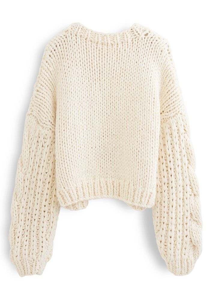 V-Neck Crop Hand-Knit Chunky Cardigan in Cream