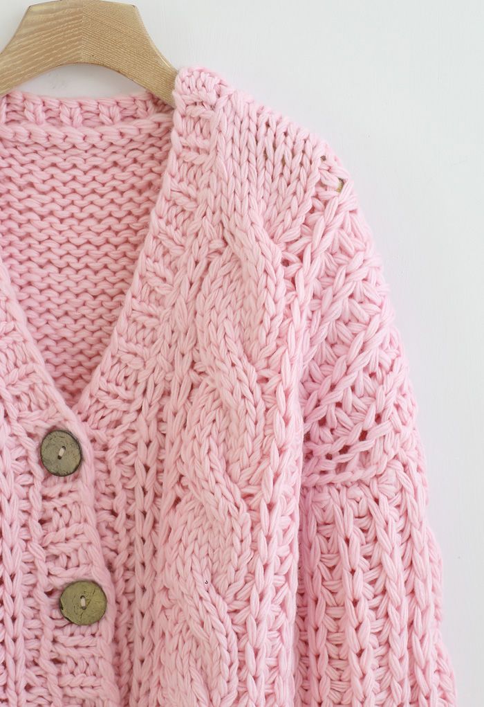 V-Neck Crop Hand-Knit Chunky Cardigan in Pink