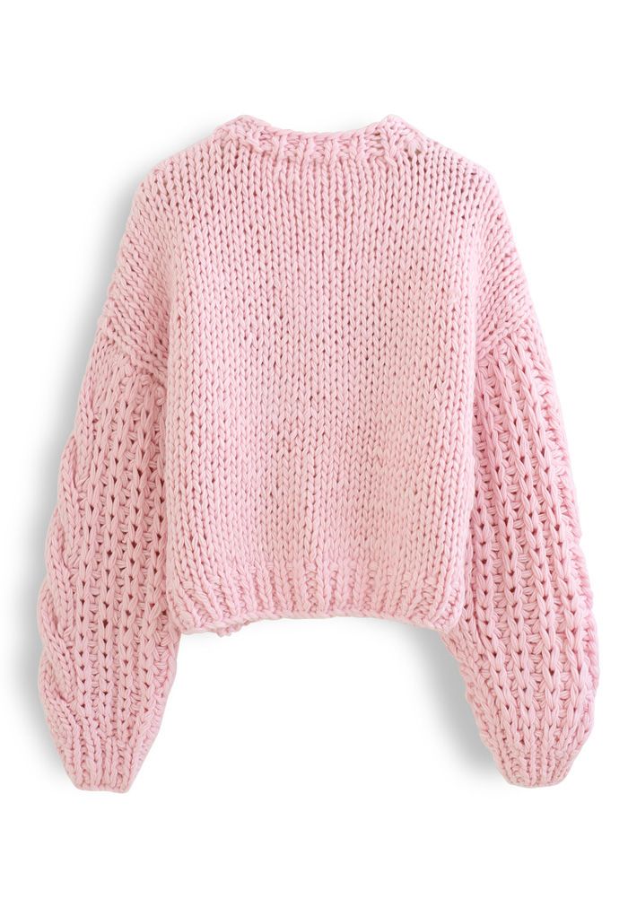 V-Neck Crop Hand-Knit Chunky Cardigan in Pink