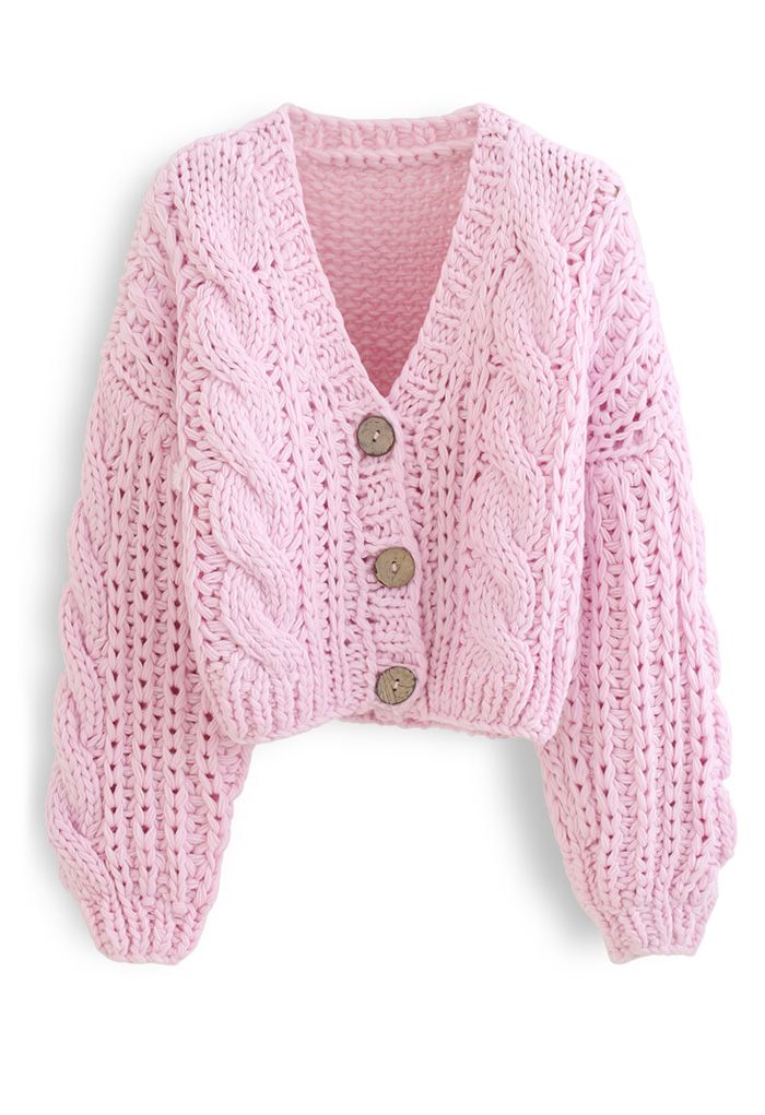 V-Neck Crop Hand-Knit Chunky Cardigan in Pink