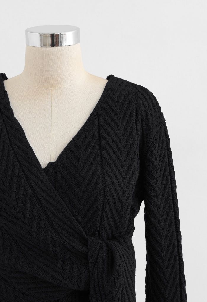 Plunging Wrap Tie Crop Knit Sweater in Black