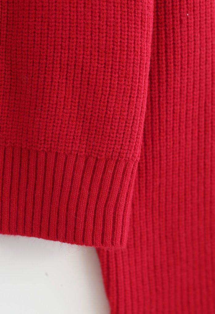 Bowknot Brooch Button Up Crop Knit Cardigan in Red